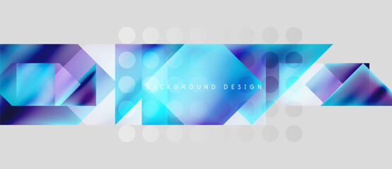Abstract geometric design. Blue, purple gradients create modern banner. Circles, triangles form dynamic composition. Minimalist style.