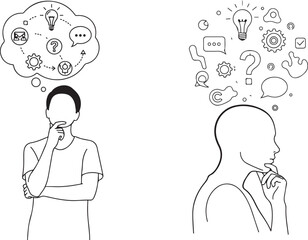People Thinking and Brainstorming Ideas with Symbolic Icons and Thought Bubbles
