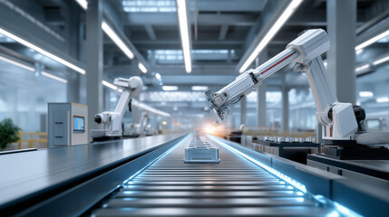 Fototapeta premium In a bustling automotive factory a conveyor belt steadily carries shining metal components past robotic arms symbolizing modern manufacturing industrial automation precision