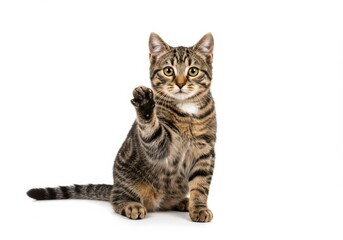 Adorable tabby kitten raising its paw on a clean white background.