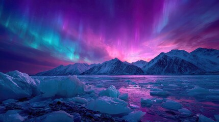 Winter glacier scene with glowing neon ice blocks concept. Stunning northern lights illuminate a frozen mountain landscape.