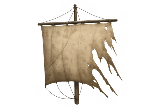 Tattered sail on mast showing decay and old age