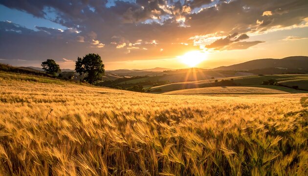 Golden wheat field at sunset, rolling hills and dramatic sky - Powered by Adobe