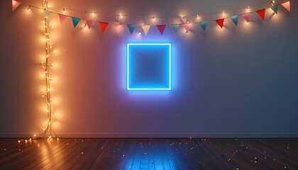 Celebrate good times in a room with a glowing blue neon square, string lights, and colorful triangle bunting flags