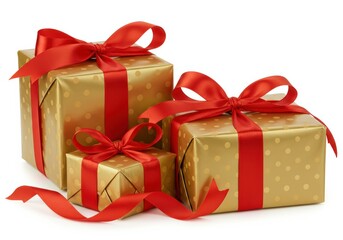 Golden gifts with red ribbons, perfect for celebrations and special occasions.