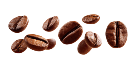 Coffee beans in mid-air against a transparent background