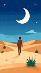 A man walks through a desert at night