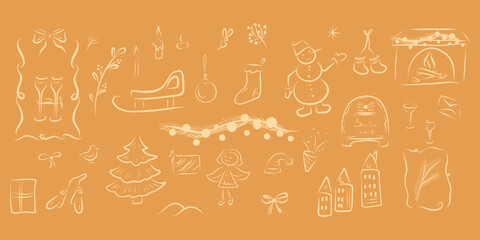 Christmas Icons Set on yellow background, Holiday Doodle Collection