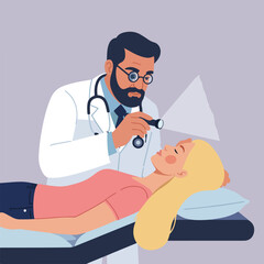 A doctor uses a light examining a blonde woman patient lying on a bed