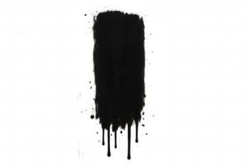 Black paint stroke creating a grungy texture and spray effect with dripping liquid drops, transparent background