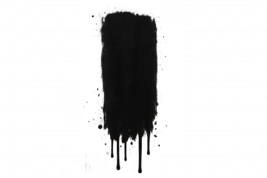 Black paint stroke creating a grungy texture and spray effect with dripping liquid drops, transparent background