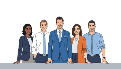 Vector art of diverse group of five business professionals standing behind a table 