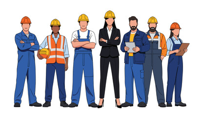 Vector art of diverse group of construction workers and engineers standing together 