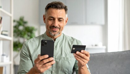 Man holding a mobile phone and a bank card, ready to make an online payment