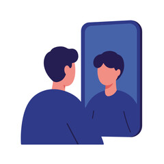 Fototapeta premium Man looking in a blue mirror, reflecting a simplified version of himself