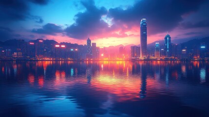 Naklejka premium City skyline reflected in water at dusk with colorful sunset hues