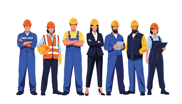 Vector art of diverse group of construction workers and engineers standing together 