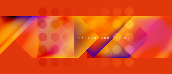Abstract geometric design. Vibrant orange, purple gradients. Circles, squares create modern background texture. Minimalist style.