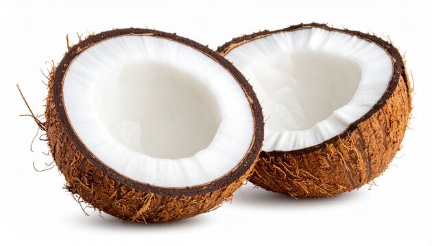 Two halved coconuts with brown fibrous shells and smooth white flesh—emphasizing tropical texture, freshness, and culinary richness. - Powered by Adobe