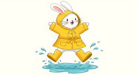Fototapeta premium Illustration of a cute bunny wearing a yellow raincoat jumping in puddles.