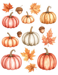 Autumn Harvest Watercolor Pumpkins, Acorns, and Maple Leaves