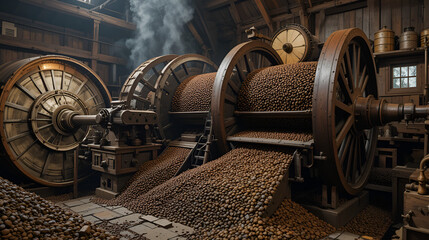 Giant coffee beans mill powered by water wheel, intricate historical machinery, cane grinding