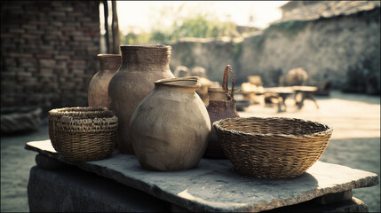 Clay Pots and Woven Baskets on Rustic Stone Table
