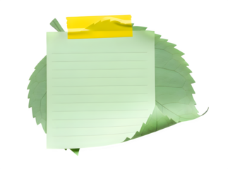 Empty lined sticky paper pad, firmly taped onto a vibrant green natural leaf, symbolizing fresh ideas and environmental consciousness