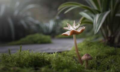 Single mushroom, light beige cap, in mossy garden path