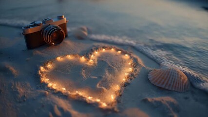 A glowing heart drawn in sand beside a seashell and camera under soft evening light promoting romantic travel vibes