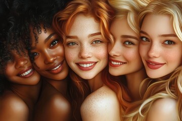 Close-up portrait of four diverse women, showcasing a range of skin tones and hair colors, with a joyful and amicable expression, emphasizing beauty and inclusivity.