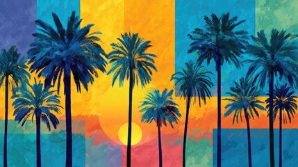 Artistic summer collage with palm trees concept. Vibrant sunset over palm trees in a colorful tropical landscape.