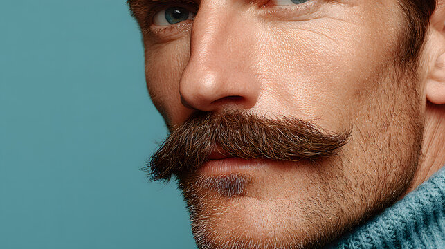 Brown mustache side view on a blue background. Copy space for text. movember. Man's health. Men support.