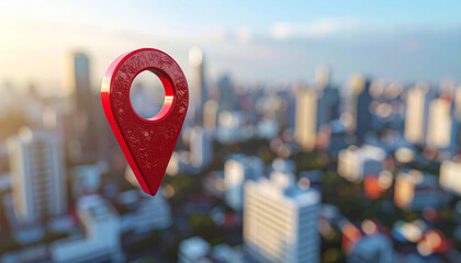 Red 3D location pin hovering above cityscape, modern skyline slightly blurred in background.