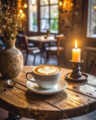 Fototapeta premium Cozy cafe scene with a latte, lit candle, and flowers on a rustic wooden table, bathed in warm, inviting light.