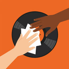 Two hands cleaning vinyl record with white cloth, on orange background
