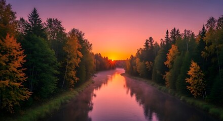 Golden sunrise paints sky with vibrant hues over misty river winding through lush autumn forest, inspiring tranquility and natural beauty.