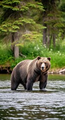 Fototapeta premium Grizzly Bear Standing Alert in an Alaskan Wilderness River With Dappled Light (1).jpg