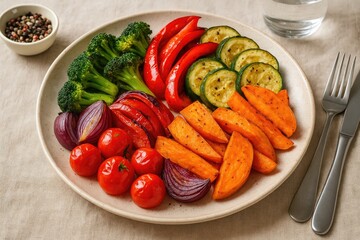 Colorful plate of oven-roasted vegetables?broccoli, peppers, zucchini, sweet potatoes, onions, and tomatoes?served as healthy vegan meal