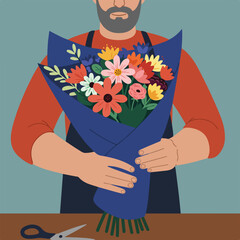 Man holds bouquet, wrapped in blue paper, with scissors on the brown table