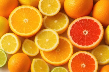 Fototapeta premium Colorful citrus assortment with sliced oranges, lemons, grapefruit, and lime, showcasing freshness juicy textures