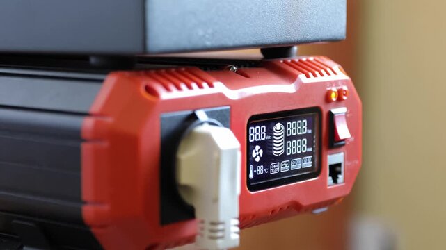 Hand turns on DC to AC power inverter connected to battery during blackout . Display shows startup data including voltage and load. Concept of backup electricity, off-grid power and emergency supply