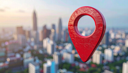 Red 3D location pin hovering above cityscape, modern skyline slightly blurred in background.