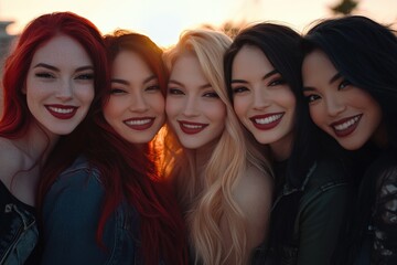 Obraz premium Four women with vibrant makeup and colorful hair, smiling warmly outdoors under warm golden light.