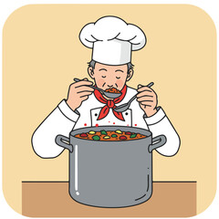 Chef in uniform sampling stew with two spoons over a pot on a table