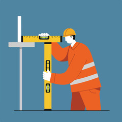 Builder levels post; man uses spirit level on metal post, blue background