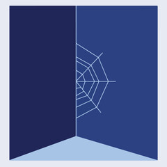 Web in corner minimalist, blue-toned room with a spiderweb in the corner