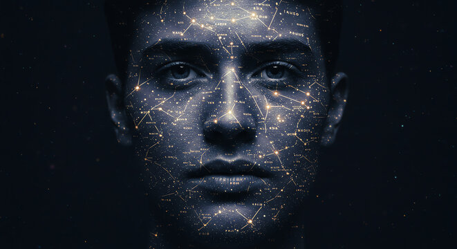Man's face overlaid with constellation map