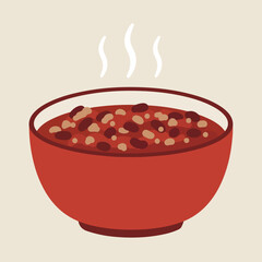 Red bowl of steaming chili beans with brown edges on a beige background