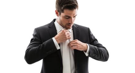 Handsome businessman adjusting his tie isolated on transparent background, showcasing confidence, professionalism, and attention to detail in corporate setting